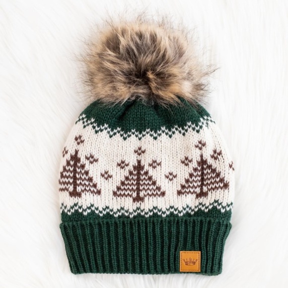 Accessories - Holiday Green Knit Trees Winter Faux Fur Pompom Fleece Lined Beanie Hat